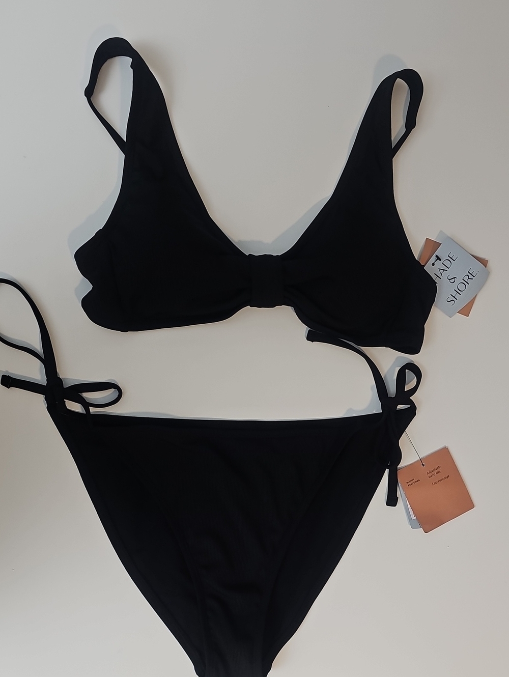 Shade & Shore Womens M Black Ribbed Bikini Set w Bralette Top & Side-Tie Bottoms